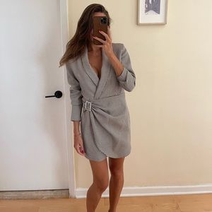 Zara BLAZER WRAP MINI DRESS V-neck Shoulder Pads Jewel Buckle BLACK/WHITE